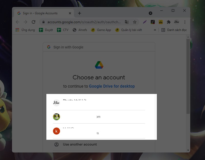 chọn tài khoản Google muốn liên kết với Google Drive