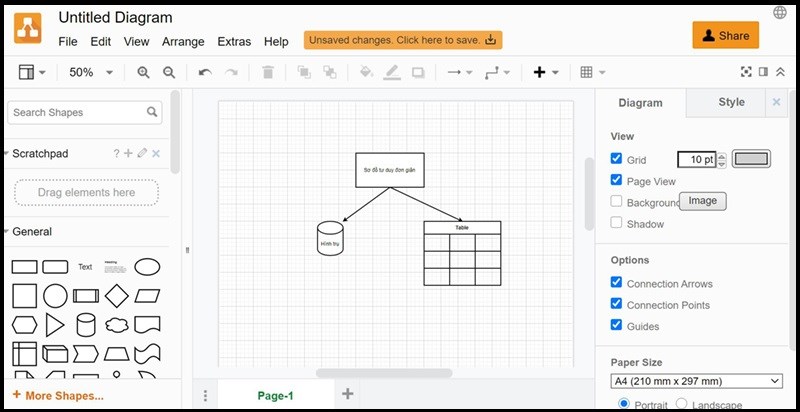 Giao diện làm việc của draw.io