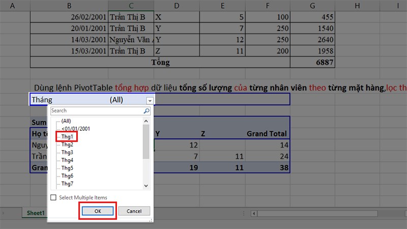 Chọn tháng cần lọc theo yêu cầu đề bài, ở đây là tháng 1.